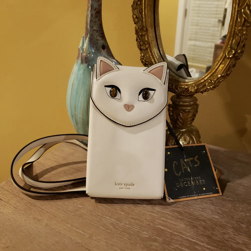 NWT! KATE SPADE Adorable Cat Face Crossbody in White & Cream w/ Gemstone Eyes